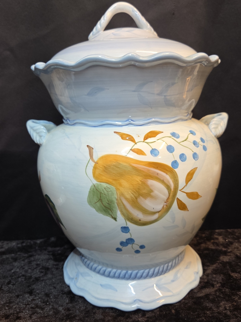 CAPRIWARE LIGHT BLUE HAND-PAINTED 12" FRUIT CERAMIC CANISTER / COOKIE JAR